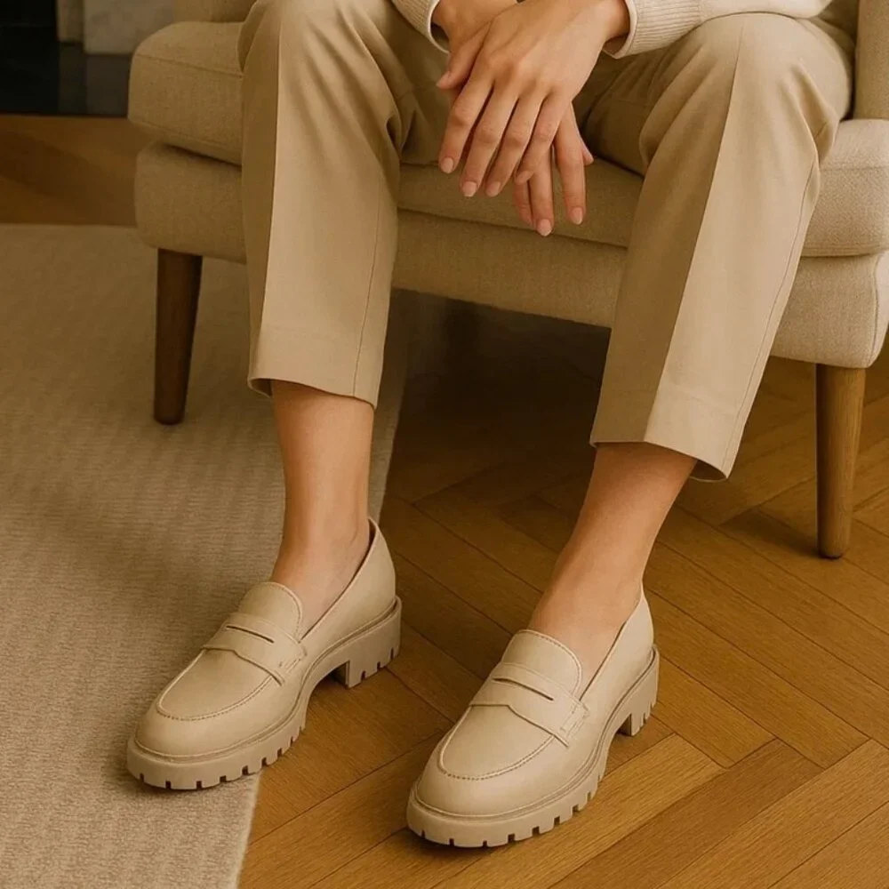 DV Dolce Vita 7 Lug Loafer Crisp Chunky Heel Slip On Shoes Vegan Suede Beige